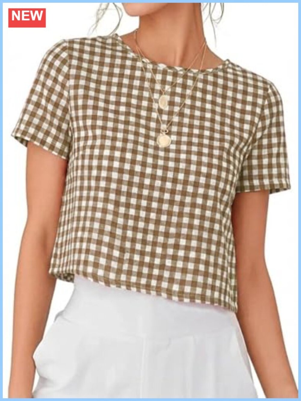 Women's Gingham Crop Top Short Sleeve Cotton Blouse Spring Summer
